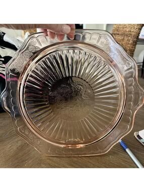 Mayfair Open Rose Depression Glass Pink Cake Plate Footed Circa 1930s